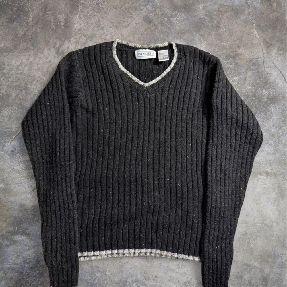 Vintage Nuggets Ribbed V-Neck Sweater Black Speckled Wool Blend Grunge 90s S